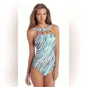 Jantzen Wildlife Ring Straps High Neck Zebra Print One Piece Swimsuit Size 14